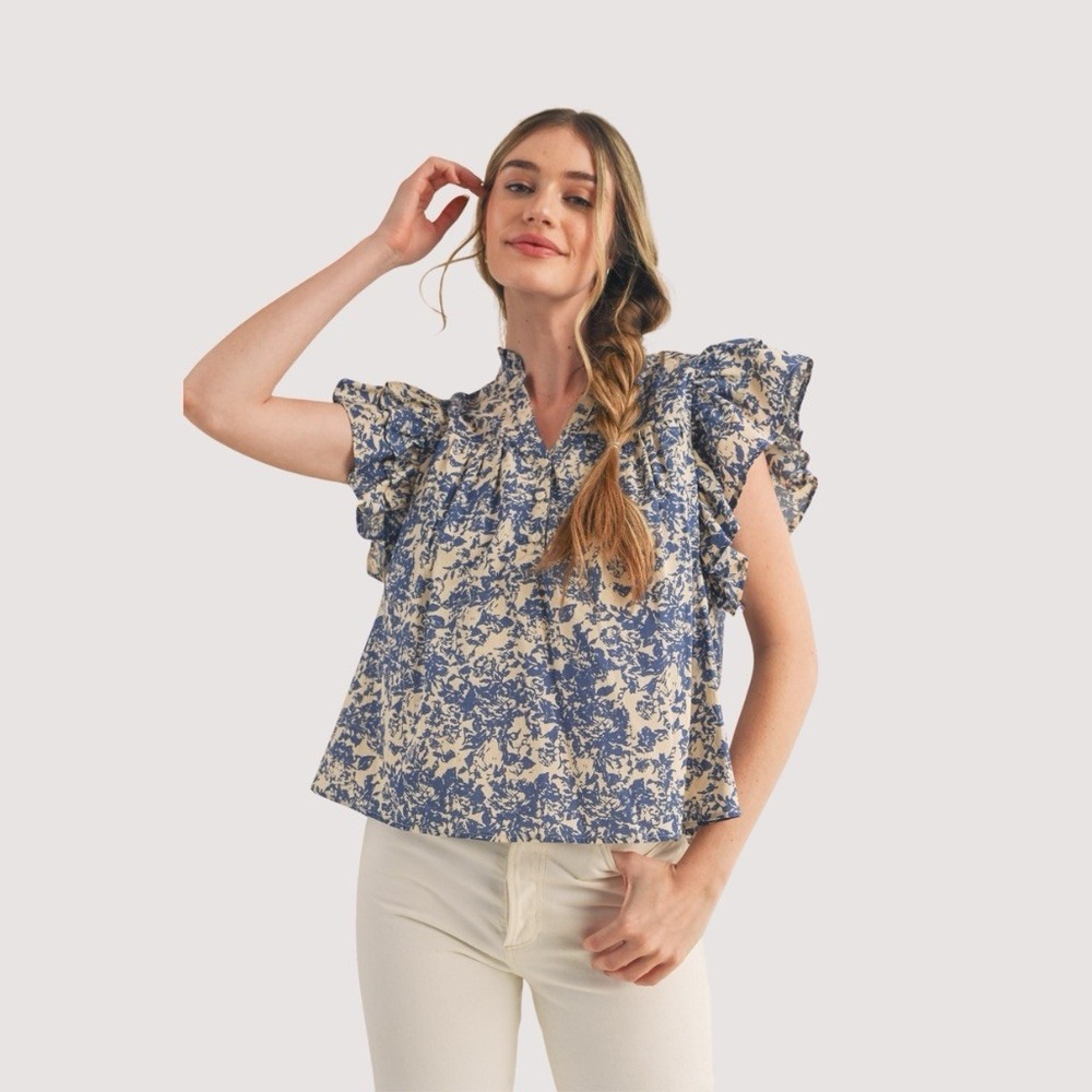&merci Blue White Floral Ruffle Flutter Sleeve Blouse Size L Cotton
